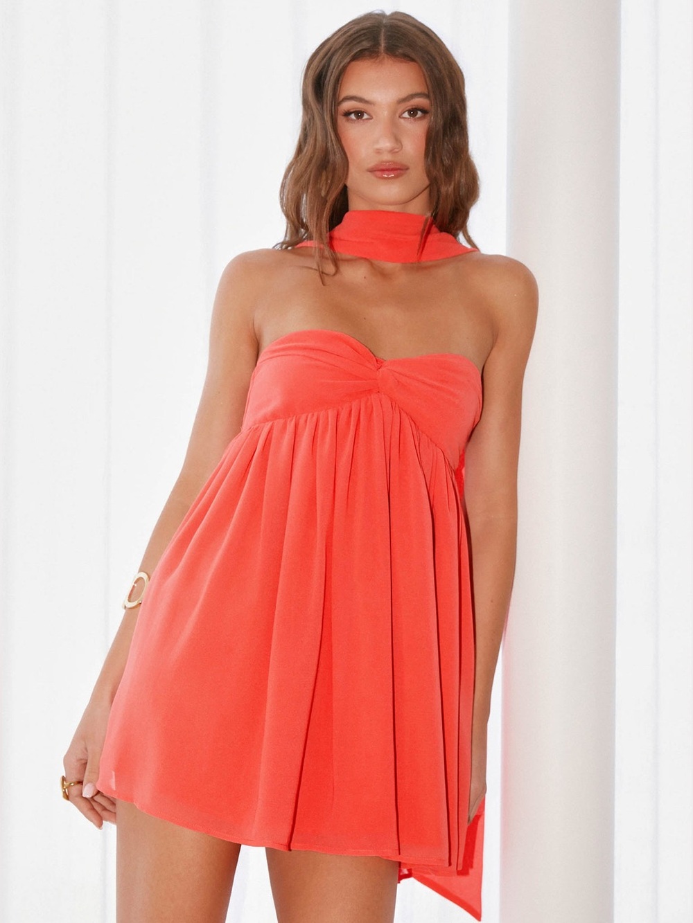 Peppermayo Saturn Mini Dress Coral Strapless Twist Front Babydoll NWT US 8